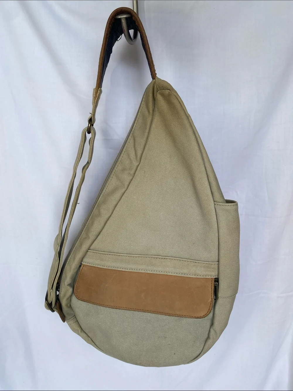 L.L. Bean Ameribag Khaki Canvas Sling Bag with Brown Leather Trim